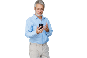 Senior man focused, holding a smartphone, communicating and browsing content. Transparent background