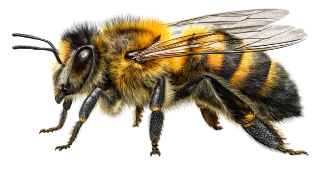 Extreme close-up of a fuzzy bumblebee showing intricate details of its body and wings