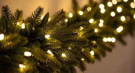 Close-up of evergreen garland with tiny white lights. Shallow DOF soft light cozy texture.