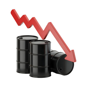 Crude oil prices plummeting with downward trending red arrow symbolizing market crash isolated on png transparent background