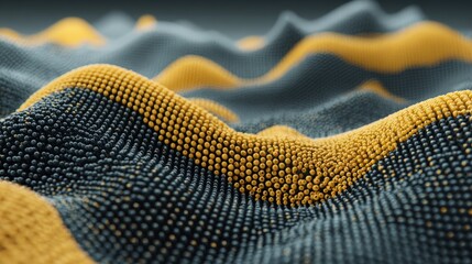 A stunning display of black and yellow particles forms a wavy landscape, creating an illusion of depth. The dynamic surface features intricate textures and a rhythmic flow that captivates the eye.