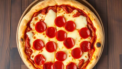 Pepperoni pizza with melted cheese, captured on a rustic wooden background for a delicious appeal.