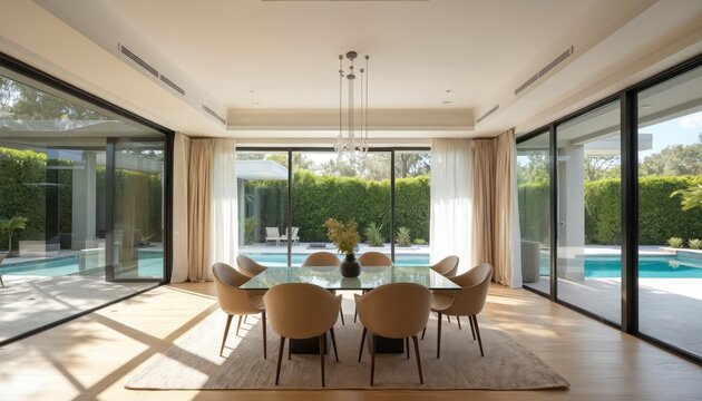 Modern open-plan dining area with glass table, beige chairs. Luxurious home interior with large windows, pool view. Elegant decor, minimalist style, contemporary architecture, light wood floor, white - Powered by Adobe