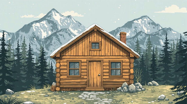Scenic Mountain Landscape with Cozy Wooden Lodge.