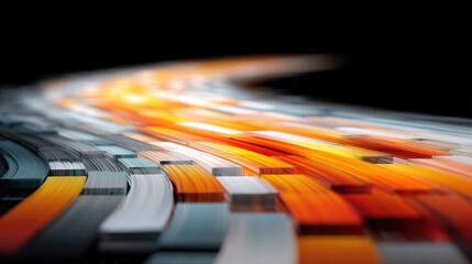 Bright stripes of orange, white, and silver create a swirling pattern against a dark background. The fluid movement suggests energy and innovation, captivating the viewers attention.