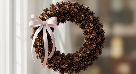 Decorative pine cone wreath with ribbon bow against blurred background