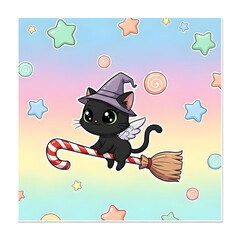 Adorable black cat witch flying on a candy cane broomstick, surrounded by magical pastel stars and sweet treats in a whimsical dreamscape, cute fantasy illustration