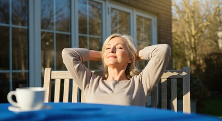 Mature blonde woman relaxing outdoors in bright sunlight with hands behind her head