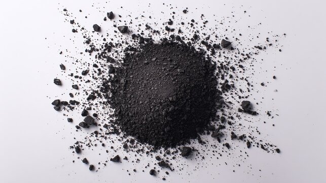 Pile of Fine Black Powder: A heap of dark, granular material scattered across a bright surface, creating a contrast of textures and tones. Minimalist background.