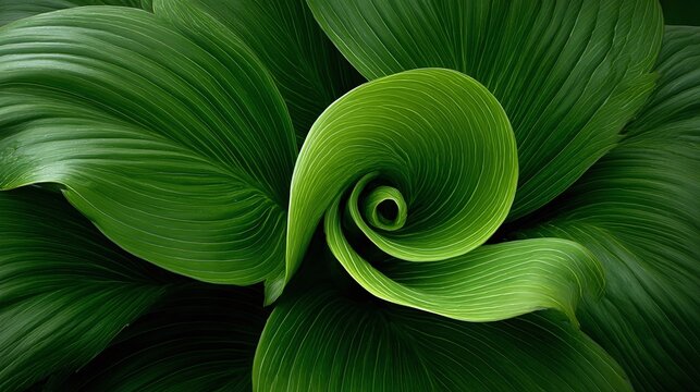 A captivating close-up of lush green leaves spiraling inward, creating a mesmerizing natural vortex. The intricate details and vibrant color evoke a sense of tranquility and growth.