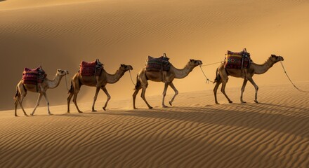 Desert camel caravan walking across massive sand dunes during golden hour light