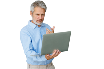 Man standing, looking at laptop feeling confused, experiencing technology difficulty, working online with transparent background