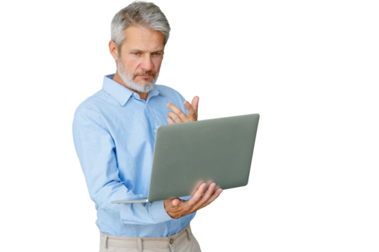 Man standing, looking at laptop feeling confused, experiencing technology difficulty, working online with transparent background