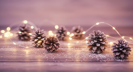 Decorative pine cones with fairy lights on wooden surface seasonal background
