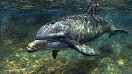 Fototapeta premium Bottlenose dolphin swimming underwater, sunlight reflecting on its skin.