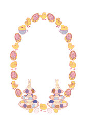 Baskets of colorful eggs and yellow birds. A spring festive frame for greeting card design. Traditional Easter elements and chicks. Seasonal decor in Art Deco boho style.