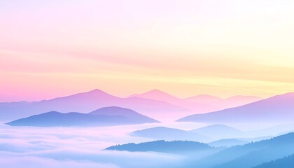 Fototapeta premium Serene pastel mountain landscape at dawn with mist rolling in the valleys and soft light illuminating peaks