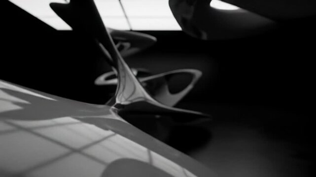 A sleek, elegant, futuristic, abstract animation of interconnected biomorphic forms crafted from dark grey liquid obsidian and jet-black anodized chrome, against a pure black void. Concept of