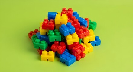 Fototapeta premium Overhead close-up of a vibrant pile of assorted plastic building blocks (like Lego) in primary colors (red, blue, yellow, green) on a green background.