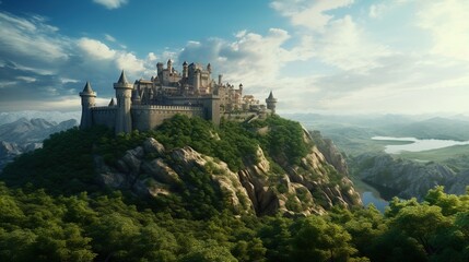 Majestic medieval castle perched atop a lush green mountain overlooking a serene lake and valley