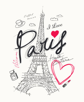 Sketchy Hand drawn Paris Scene with Eiffel Tower and Fashion Elements