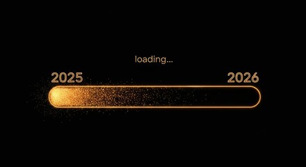 2026 loading, gold glitter progress bar on black background, new year panoramic holiday web banner or greeting card