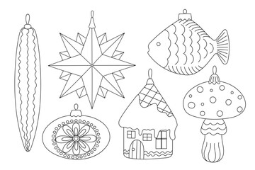 Christmas tree bauble set in form of star, house, mushroom festive decor doodle outline hand drawn vector illustration for winter holidays seasonal greeting card, invitation, sticker, line art clipart