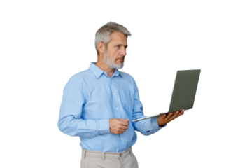 Gray-haired professional man holding open laptop, focused and thoughtful while working remotely against transparent background