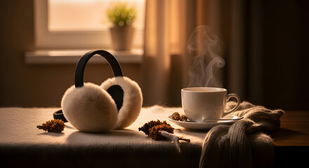 Still life of earmuffs and a steaming teacup. Cozy composition warm fill light domestic setting.
