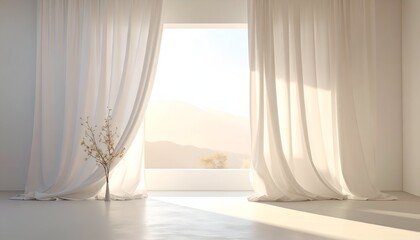 Bright, airy room with sheer curtains framing a scenic mountain view and a single vase on the floor