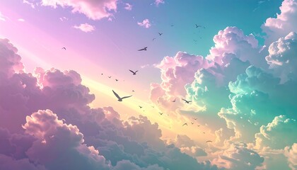 Naklejka premium Dreamy Sky A Serene and Colorful Cloudscape with Birds Soaring Through the Azure Heaven