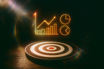 Glowing neon business growth chart and target symbol representing financial success and goal achievement