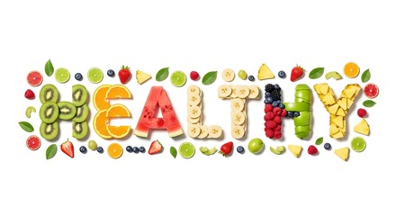Healthy lifestyle choices illustrated with vibrant fresh fruits and vegetables spelling out the word HEALTHY on a white background