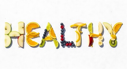 Healthy Word Art A Vibrant Composition of Fruits and Berries for Wellness and Nutrition