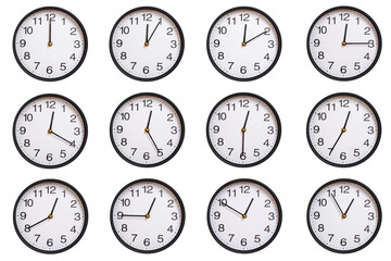 Collection of twelve round wall clocks showing 00:00 to 00:55 or 12:00 to 12:55, isolated on white background. Concept of time management, global time zones, scheduling, and business planning.