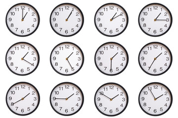 Collection of twelve round wall clocks showing 01:00 to 01:55 or 13:00 to 13:55, isolated on white background. Concept of time management, global time zones, scheduling, and business planning.