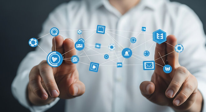 A person's hands interacting with a digital network of interconnected icons representing various services and data points.