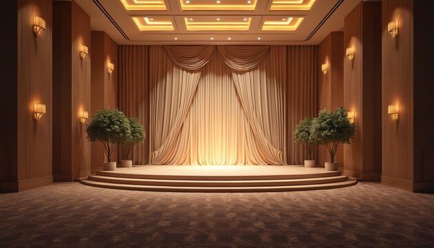 Luxurious event hall interior with stage wooden panels warm lighting and curtains. Empty space for wedding reception ceremony. Elegant interior design party setting fancy hotel room.