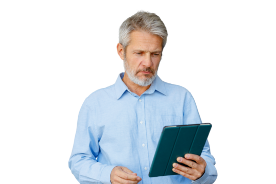 Mature businessman reading digital tablet, focused senior male using modern technology, transparent background