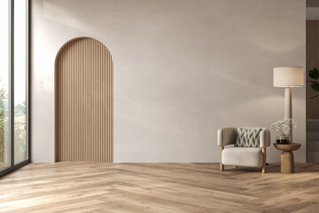 Modern minimalist interior with arched wooden wall detail, beige armchair, and herringbone oak floor in soft daylight. 3D rendering