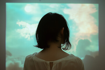 young woman looking through window
