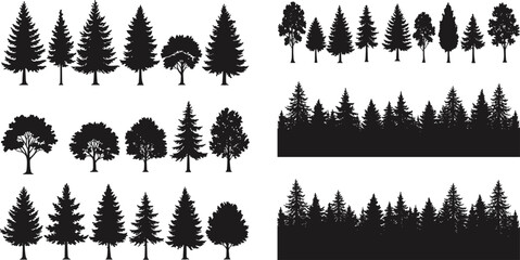 Tree silhouette grid, coniferous and deciduous forms, forest composition styles, black vector design, landscape planning, nature diversity, white background © Sagar Creative