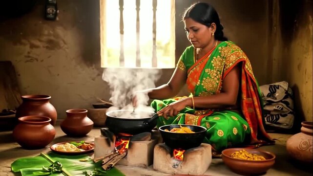 Rustic kitchen scene with flavorful spices, woman expertly cooking traditional meal in countryside kitchen setting, scene depicting woman cooking timehonored recipe in rural kitchen ambiance