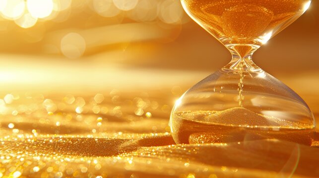 Golden hourglass with flowing sand surrounded by sparkling bokeh lights for a magical atmosphere