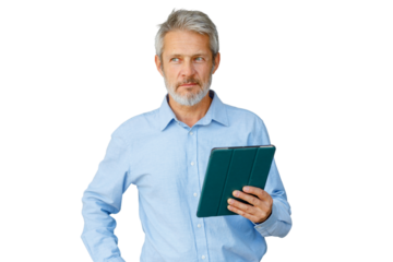 Mature man holding digital tablet, looking away thoughtfully while planning or analyzing data, transparent background
