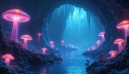 Fototapeta premium Deep dark cave with glowing pink mushrooms along serene blue water. Bioluminescent fungi illuminate mysterious cavern. Fantasy grotto shows unique flora, ethereal beauty of surreal underwater world.