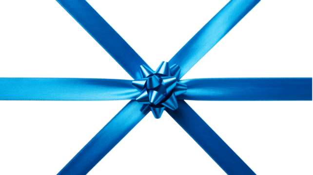 Vibrant blue ribbon bow creates a festive holiday gift presentation
