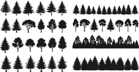 Tree silhouette icon set, forest composition grid, coniferous and deciduous shapes, black vector design, nature diversity, landscape planning, white background