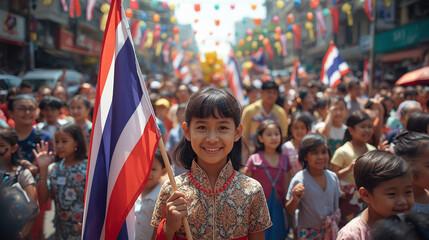 A smiling Thai girl with a Thai flag outdoors on National Children's Day