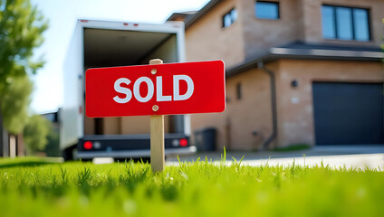 A red "sold" sign on lawn outside modern house with moving van full of boxes in driveway - new chapter begins for family relocating to new home, successful real estate, property sale complete concept